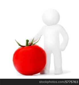 Plasticine man with tomato isolated on white background. Plasticine man with tomato