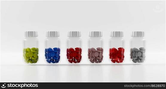 Plastics bottles filled with colored pills on white background.3d render
