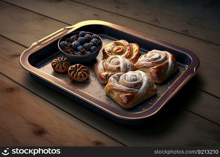 plate for serving homemade pastry on baking tray, created with generative ai. plate for serving homemade pastry on baking tray