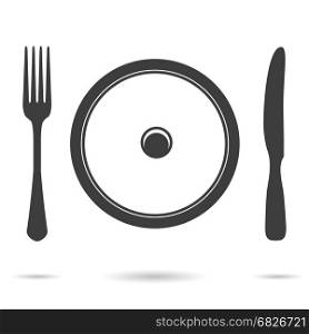 Plate, fork and knife icon. Plate, fork and knife icon. Vector black cutlery icon isolated on white