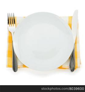 plate, knife and fork isolated on white background