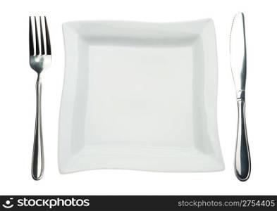 Plate, knife and fork. Kitchen utensils isolated on a white background