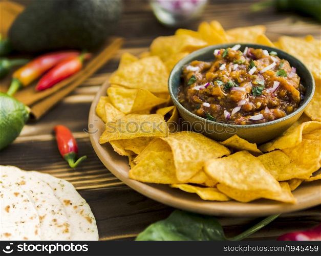 plate nachos with salsa dip. High resolution photo. plate nachos with salsa dip. High quality photo