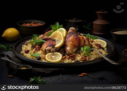 Plate of chicken with lemon and garlic on top, Generative AI