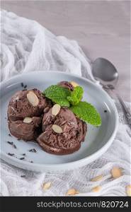 Plate of chocolate ice cream with almond slices and mint leaves.