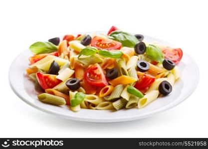 plate of colorful pasta with vegetables on white background