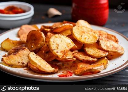 plate of crispy, salty potatoes chips with spicy seasoning, created with generative ai. plate of crispy, salty potatoes chips with spicy seasoning