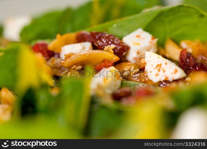 plate of fresh colorfull spinach salad close up