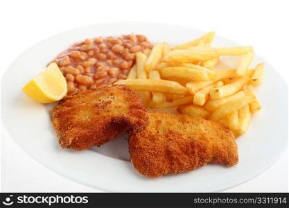 Plate of fried breaded fish, served with chips (french fries), baked beans and a wedge of lemon