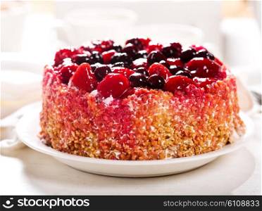 plate of fruit cake on wooden table