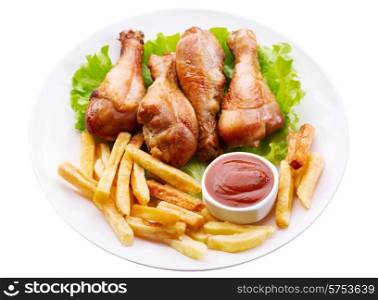 plate of grilled chicken leg with french fries isolated on white background