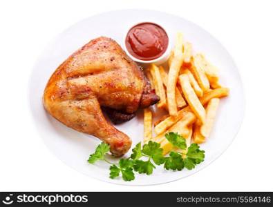 plate of grilled chicken leg with fries isolated on white background