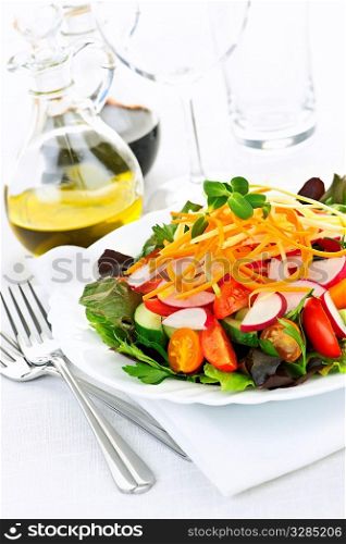 Plate of healthy green garden salad with fresh vegetables