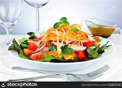 Plate of healthy green garden salad with fresh vegetables served with balsamic dressing