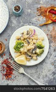 Plate of iItalian pasta with broccoli.Italian food. Broccoli pasta in plate