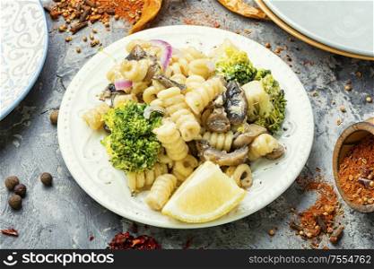 Plate of iItalian pasta with broccoli.Italian food. Broccoli pasta in plate
