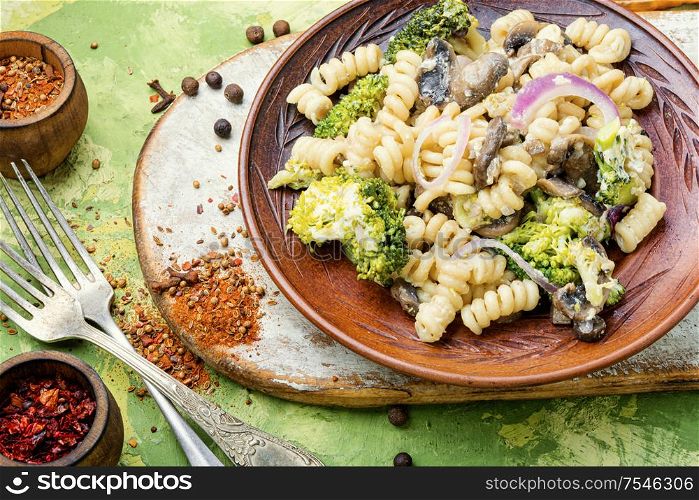 Plate of iItalian pasta with broccoli.Italian food. Classic italian spaghetti pasta