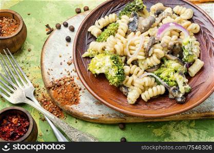Plate of iItalian pasta with broccoli.Italian food. Classic italian spaghetti pasta
