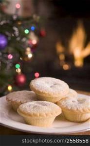 Plate of Mince Pies Log Fire and Christmas Tree