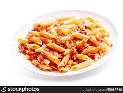 plate of penne pasta bolognese isolated on white background