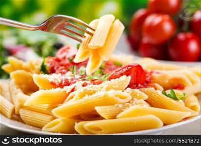 plate of penne pasta with tomato sauce