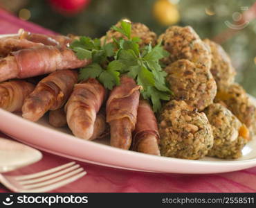 Plate of Pigs in Blankets and Chestnut Stuffing Balls