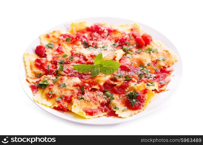 plate of ravioli with tomato sauce isolated on white background