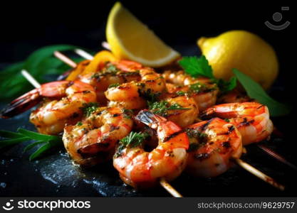 Plate of shrimp with lemon wedges on the side , Generative AI