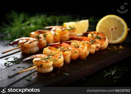 Plate of shrimp with lemon wedges on the side , Generative AI