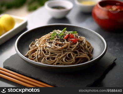 Plate of soba buckwheat noodles on restaurant table.AI Generative