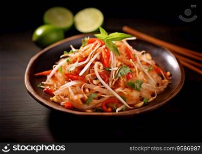 Plate of som tam popular asian chili salad on wooden table.AI Generative