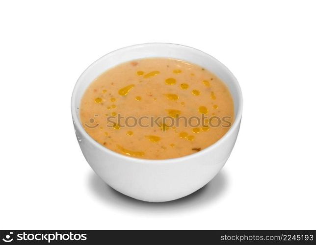 Plate of soup on white background. Plate of soup