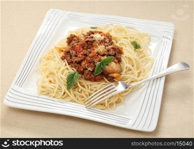 Plate of spaghetti with a herb-flavoured tomato sauce, topped with grated parmesan and a sprig of basil.
