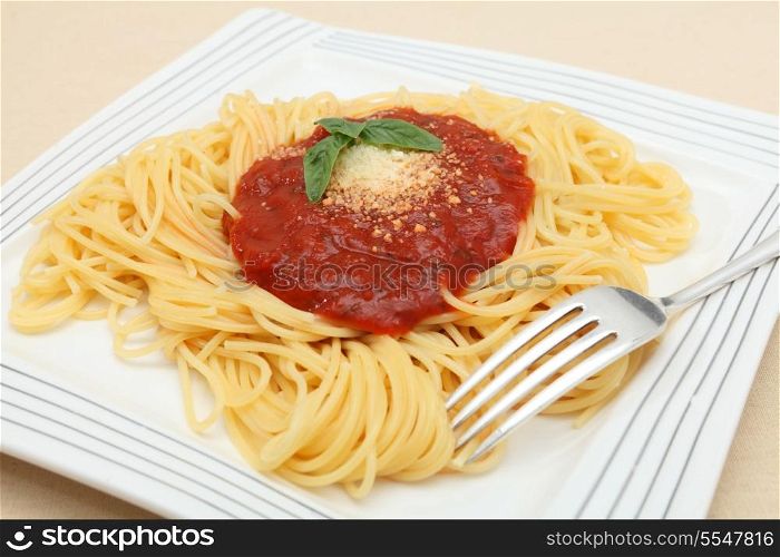 Plate of spaghetti with a herb-flavoured tomato sauce, topped with grated parmesan and a sprig of basil.