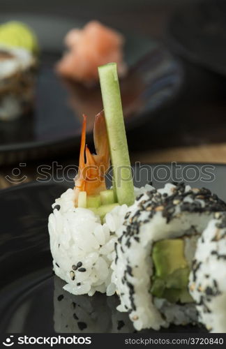Plate of sushi in restaurant