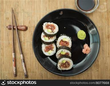 Plate of sushi in restaurant