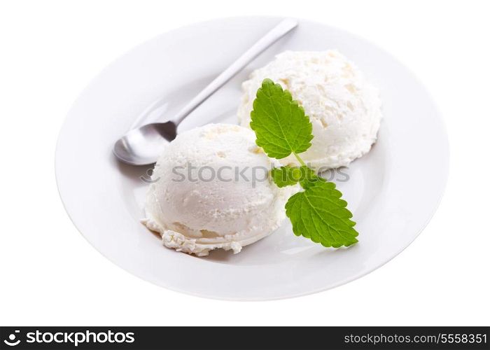 plate of vanilla ice cream isolated on white background
