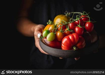Plate of variety mix colorful tomatoes in woman hands. Fresh tomatoes on Rustic stile dark background.. Mix colorful tomatoes