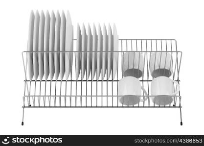 plate rack with tableware isolated on white background