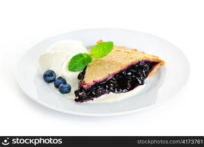 Plate with blueberry pie and vanilla ice cream isolated on white background