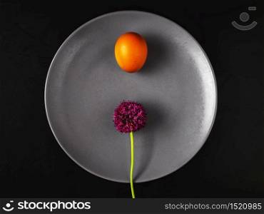 Plate with boiled egg and wild garlic flower. Flat lay on a black background. The idea of fasting days, diet or fasting. Healthy lifestyle.