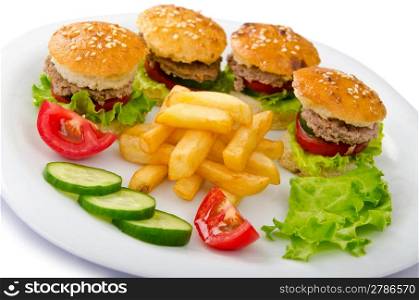 Plate with burgers and french fries