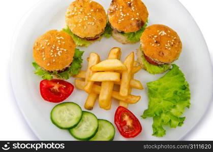 Plate with burgers and french fries