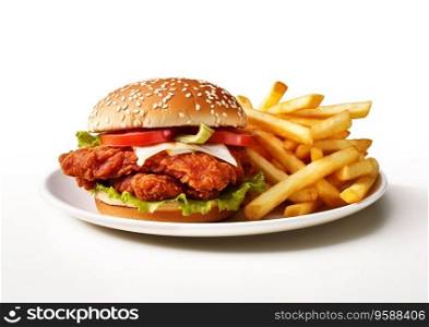Plate with chicken burger meal with fries and lettuce,onion and tomato on white background.AI Generative