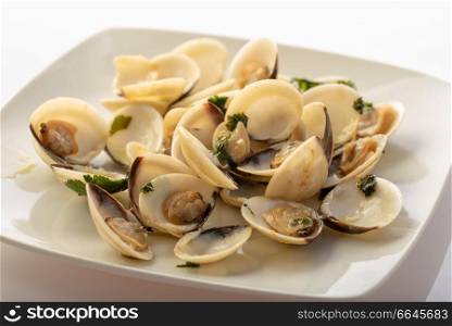 plate with clams bulhao pato special sauce tipical portuguese delicacy dish
