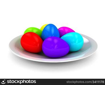 Plate with color eggs over white background. computer generated image