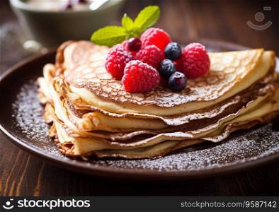 Plate with crepe pancakes with raspberry and blueberry on wooden table.AI Generative