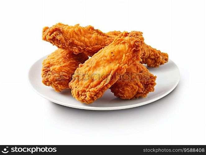 Plate with crispy fried chicken snack on white background.Ai Generative