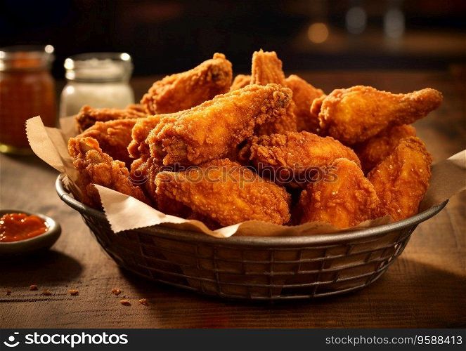 Plate with crispy fried chicken with tomato sauce on fast food restaurant table.AI Generative