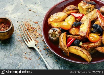 Plate with delicious fried homemade potatoes with mushrooms. Roasted potatoes with mushrooms